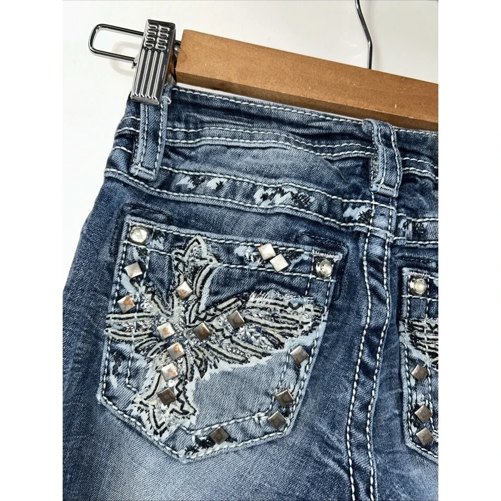 Miss Me Girls Skinny Denim Jeans Sequined Embroidered Pockets Blue  Sz 8 Stretch